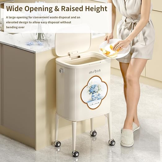 MRBIN Kitchen Trash Can with Legs, 36L / 9.5gal Tall Trash Bin with Wheels Decorative Garbage Can with Lid Pet Proof Slim Vintage Press Top, White, Blue and White Porcelain Pattern