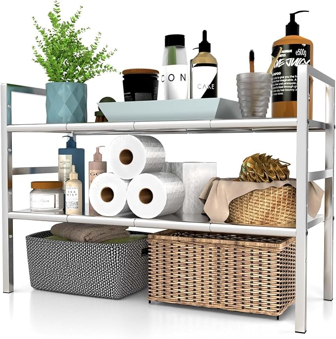 Expandable Under Sink Organizer and Storage, 2-Tier Height Adjustable Under Cabinet Organizer Shelf with 8 Removable Panels for Bathroom Kitchen Multi-Purpose Storage (8 Panels)