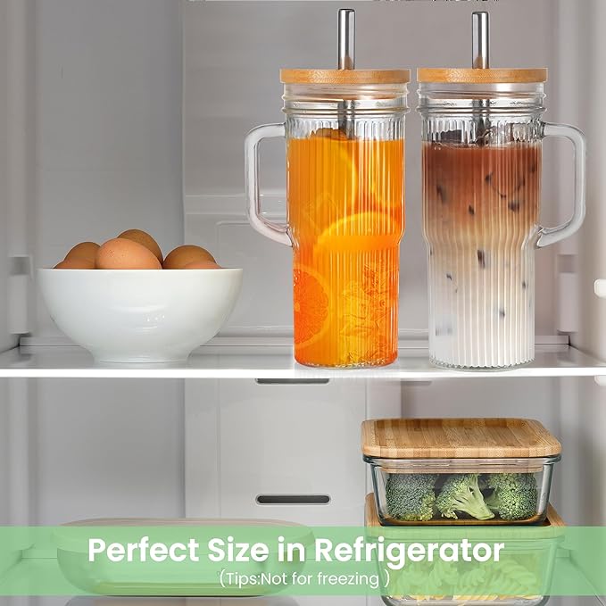 24oz Ribbed Glass Tumbler With Handle,4Pack Glass Cup with Lids and Straws,Reusable Glass Iced Coffee Cups With lids,Mason Jar Cup&Drinking Glasses for Smoothie,Shake,Juice,Soda Water,Tea,Travel Cup