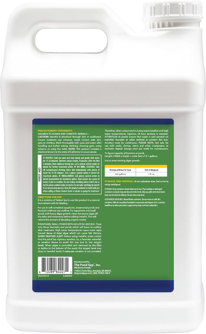 The Pond Guy InstaFix Algae Control, Outdoor Water Garden, Fountain & Birdbath Algae Solution, EPA Registered Liquid Algaecide, Control Green Water & String Algae, Bird, Fish & Pet Safe, 2.5 Gallon