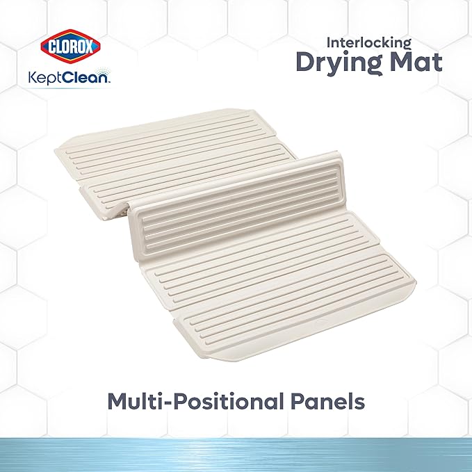 CLOROX KeptClean Interlocking Non-Slip Dish Drying Mat – Flexible, Foldable, Durable, Quick-Dry Mat, Interlocking Panels for Various Drying Elevations, Folds Compact for Storage - Almond Cream