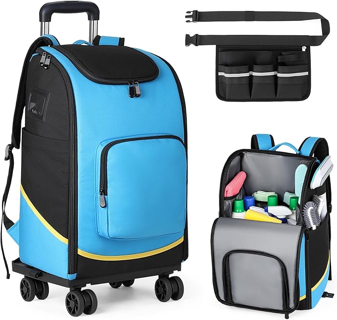 Rolling Cleaning Caddy Bag with Wheels, Large Cleaning Supplies Organizer Backpack with Detachable Trolley and Cleaning Apron for Housekeepers, Home, Hotel & Car Detailing