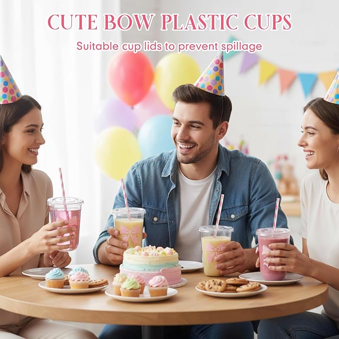 LemonRoad 50sets 16oz Pink Bow Cups Pink Birthday Party Decorations Supplies Cute Plastic Cups Disposable with Lids and Straws for Valentines Galentines Day Christmas Wedding Baby Shower Decorations