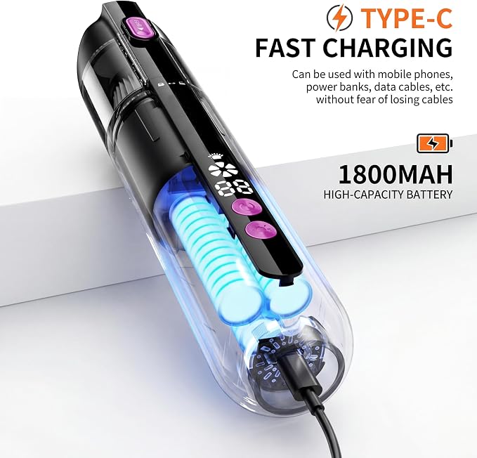 Handheld Car Vacuum Cleaner 15000Pa Cordless Mini Vacuum 3-in-1 Dust Buster with Blower & Inflator, 40000RPM Brushless Motor, LED Display, USB Rechargeable for Pet Hair, Home, Office