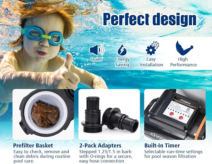 3/4HP Above Ground Pool Pump with Timer, 3120GPH 115V Self-Priming Pool Filter Pump Replacement for Sand Filter Systems, 1.25/1.5 in Adapters, Filter Basket, 41 ft Max Head