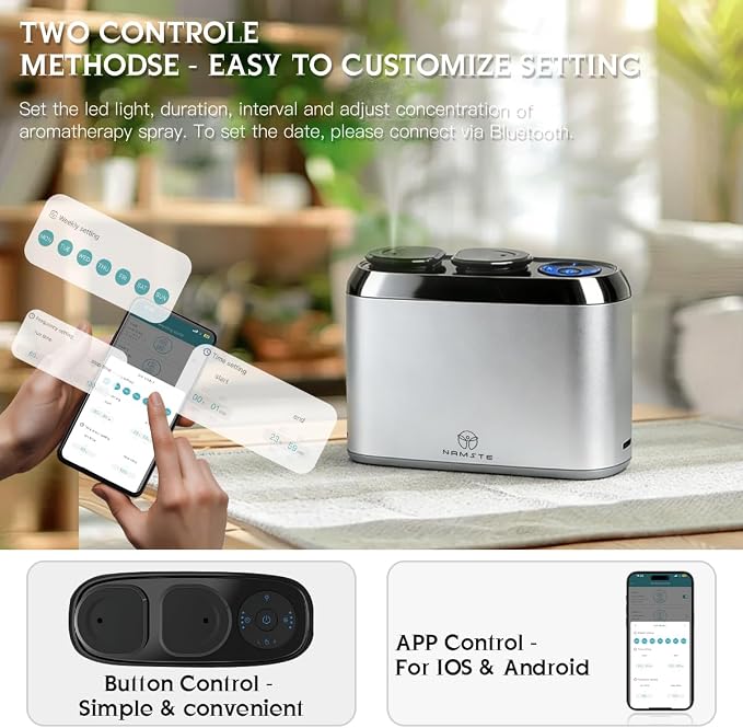 Waterless Essential Oil Diffuser Smart App & Button Control | 50ml x 2 Types Scent Diffusers, Portable Wireless Aroma Air Machine Fragrance for Home, Bathroom, Bedroom, Office, Camping