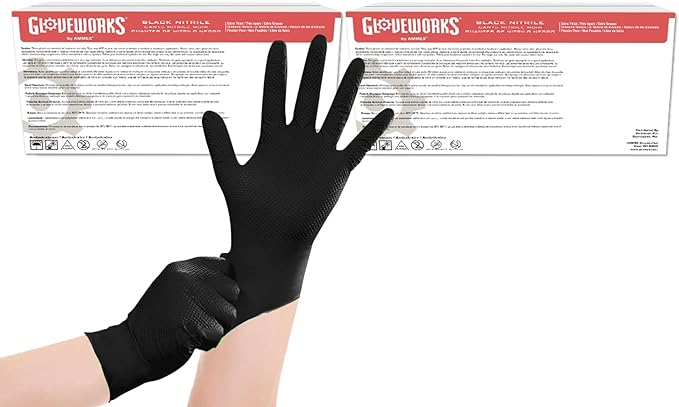 GLOVEWORKS Black Nitrile Gloves 6 Mil, Disposable, Raised Diamond Texture, Latex Free, Food Safe, Industrial Mechanic Glove