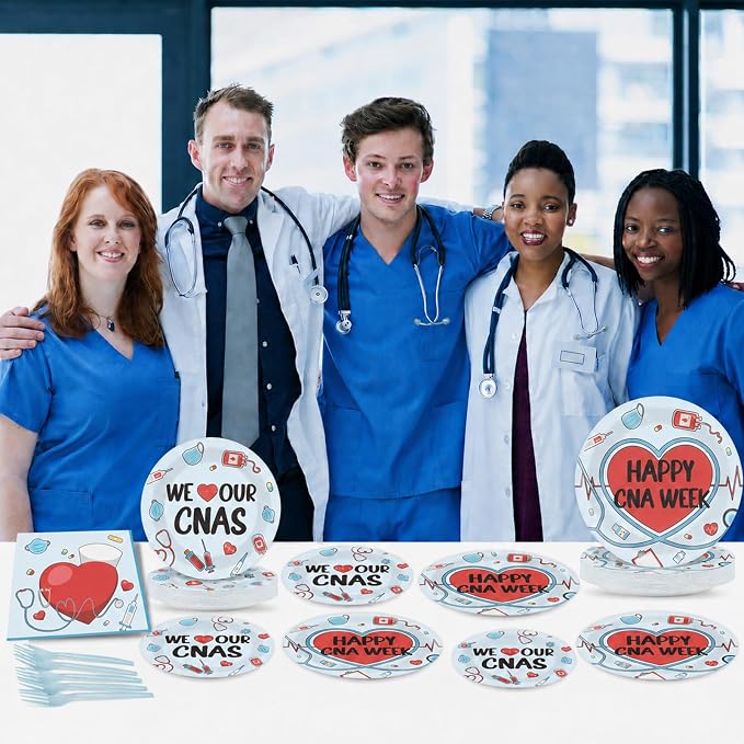 CHUNNIN 96Pcs Happy CNA Week Plates and Napkins Nurse Appreciation Week Party Decorations We Love Our CNAS Dessert Plates Nurse Tableware for 24 Guests CNA Appreciation Week Party Supplies