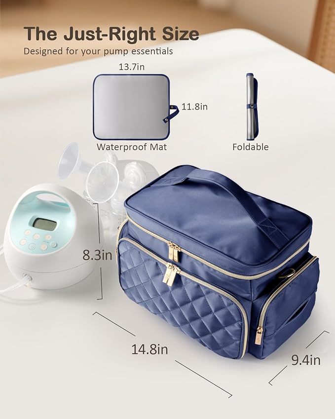 Breast Pump Bag Kit for Spectra S1/S2, Pumping Bag with Bottle Brush Set, 10Pcs Flange Inserts for 24mm Flange, Nipple Ruler, Waterproof Mat, Pump Carrying Case for Work Travel, Navy Blue