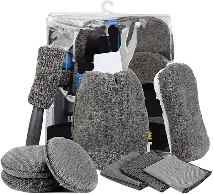 Compatible for 9pcs Car Wash Cleaning Kits Microfiber Towels Blush Sponge Glove Polish Care Applicator Pads Auto Detailing Washing Tools(Grey)