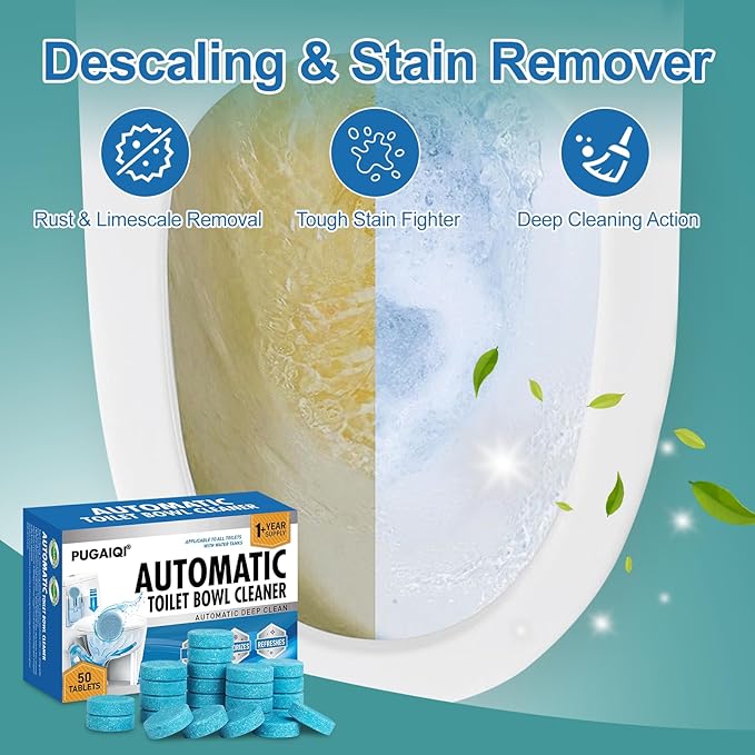 Automatic Toilet Bowl Cleaner Tablets,Blue toilet seat , Descale & Deodorize, Septic-Safe, Continuous Cleaning, Fresh Scent, Drop-In Tank Cleaner effective to use Works with Toilets 50 Pack-Permanence