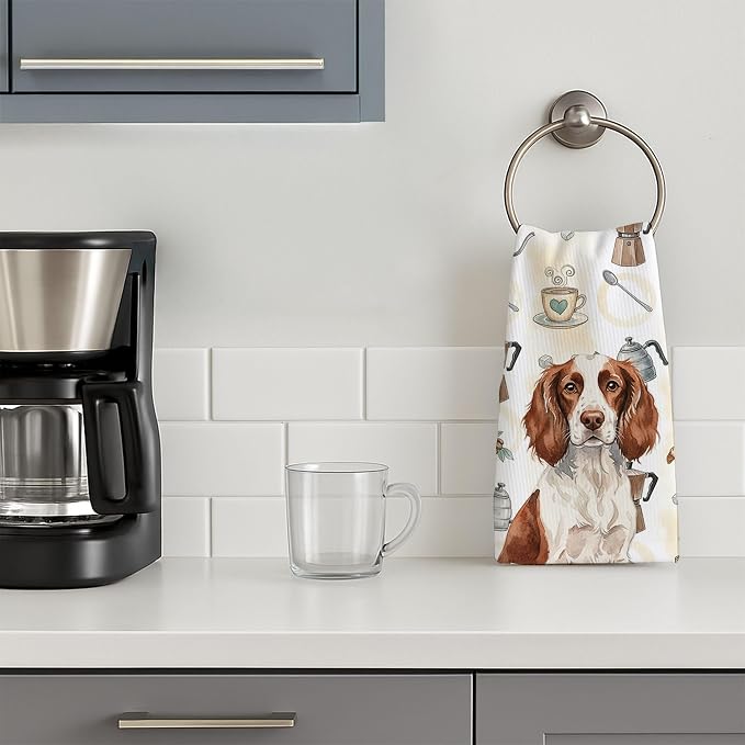 Caroline's Treasures Liver and White English Springer Spaniel Coffee Bar Kitchen Towel Velour Plush Front and Cotton Loop Back Machine Washable