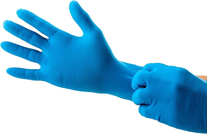 Heavy Duty Thick Latex Gloves, 14mil, Blue, Industrial, Powder Free, 12" Length, Textured, Multi-Purpose, Box of 50
