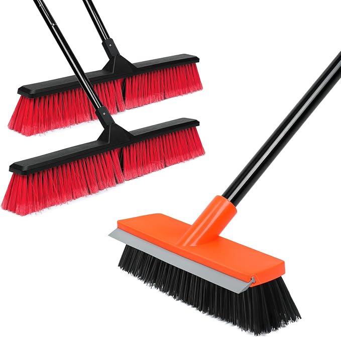 Deck Brush and 2 Pack 24-inches Push Brooms for Outdoor Floor Cleaning