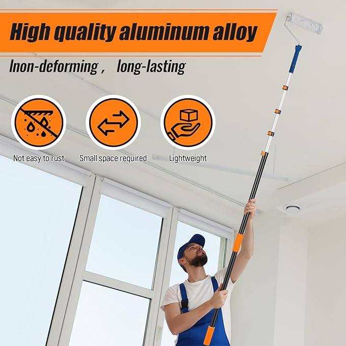 4.3-18 ft Telescopic Extension Pole with Utility Hook, Multi-Purpose Aluminum Pole for Painting, Dusting and New Year Window Cleaning Christmas Lights Installation Without a Ladder(Orange)