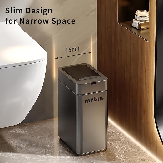 MRBIN Slim 2.4 Gal Bathroom Trash Can with Lid – Small Stainless Steel Touchless Motion-Sensor Waste Basket for Office, Bedroom, Kitchen, RV, Quiet Close, Dog-Proof, Space-Saving Narrow Garbage Can