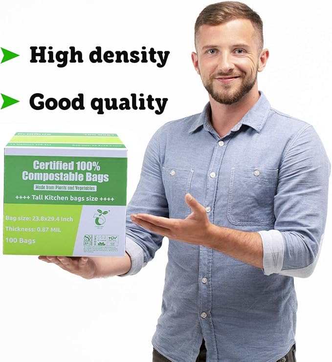 Primode Compostable Bags 13 Gallon, Tall Kitchen Trash Bags, 100 Count, Extra Thick 0.87 Mil. ASTMD6400 Food Scrap Yard Waste Compost Bags, Certified by BPI and TÜV AUSTRIA