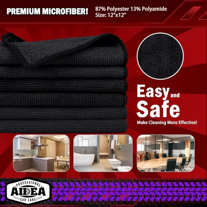 AIDEA Microfiber Cleaning Cloth Black, 400PK, Microfiber Towels for Cars, Shop Towels Cleaning Rags, Premium Wash Cloths, Absorbent Towel for SUVs, House, Kitchen, Commercial, Cleaning Supplies 12×12"