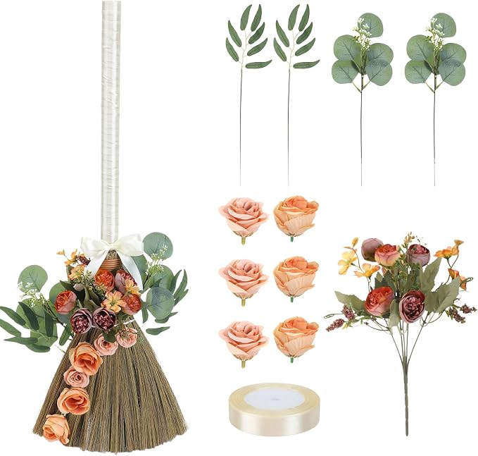 Wedding Broom for Jumping Ceremony DIY Bride Bridegroom Jump Broom Wedding Brooms with Ribbons Eucalyptus Leaves Roses for Wedding Ceremony Craft(Orange)