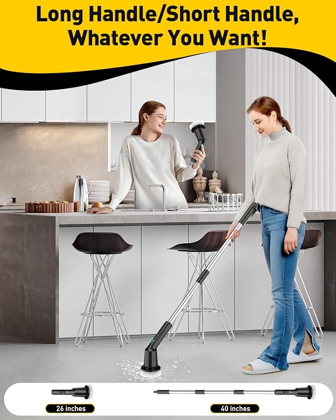 Shower Scrubber with Long Handle, Bathroom Cleaner Brush with IPX7 Waterproof, Cordless Electric Spin Scrubber for Cleaning with 2 Speed, Cleaning Supplies for Bathtub Kitchen Floor Tile Toilet