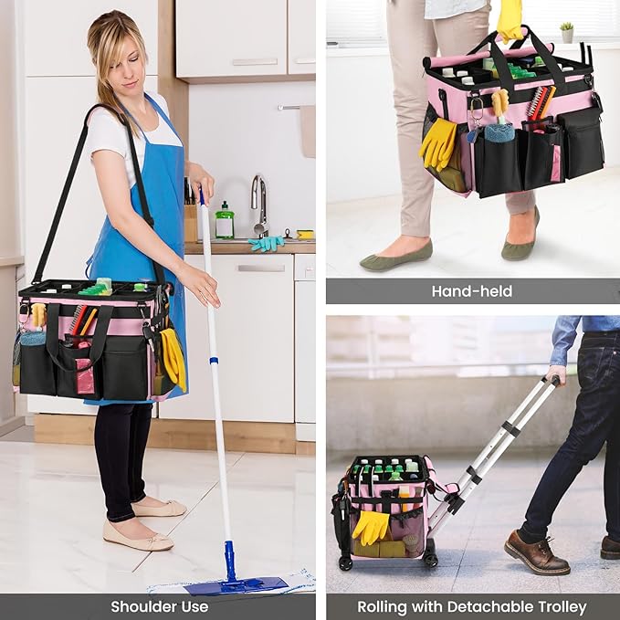 Housolution Extra Large Rolling Cleaning Caddy Bag with Detachable Trolley, Upgraded 360° Free Rotating with 5 Wheels and Dust-Proof Lid, Professional Cleaning Supplies Bag for Housekeepers, Pink