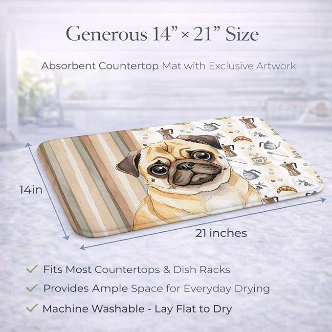 Caroline's Treasures Fawn Pug Coffee Bar Dish Drying Mat Absorbent Dish Drying Mat Pad for Kitchen Counter Dish Drainer Mat for Countertop, 14 x 21", Multicolor