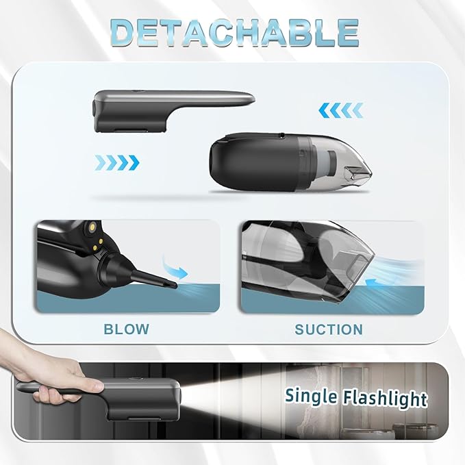 10-in-1 Car Vacuum Portable Cordless, 1lbs, Modular Design with HEPA Filter, Flashlight & 10000pa, Adjustable 2 Suction Modes, Low Noise, Handheld Car Vacuum for Quick Day-to-Day Cleaning