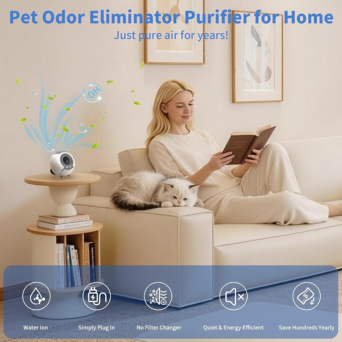 Filterless Air Purifier for Pets – Small Portable Water Ion Air Ionizer for Pet Odors, Smell & Smoke, Quiet Pet Odor Eliminator Air Purifier for Small Spaces Bedroom Bathroom Car, White