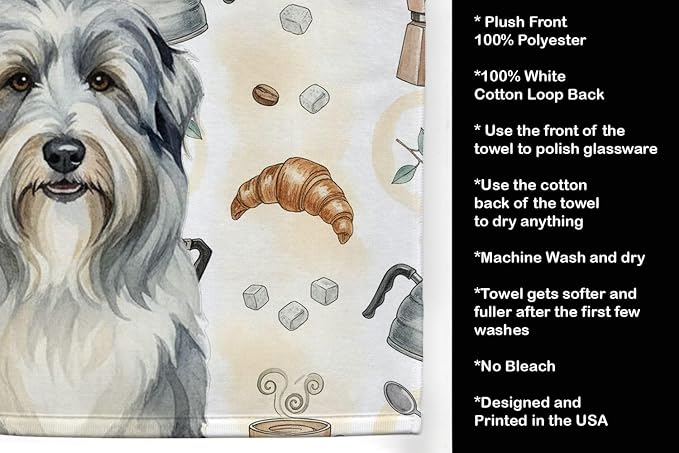 Caroline's Treasures Bearded Collie Coffee Bar Kitchen Towel Velour Plush Front and Cotton Loop Back Machine Washable