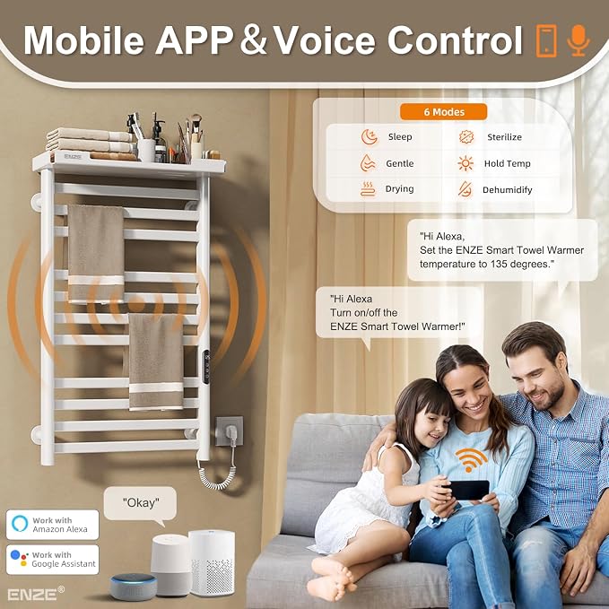 ENZE Smart Heated Towel Rack, 11-Bar Wall-Mounted Electric Towel Warmer with Shelf, Wi-Fi App Control, Adjustable Temperature & 24H Timer, Low Carbon Steel, IPX5, Plug-in/Hardwired, White