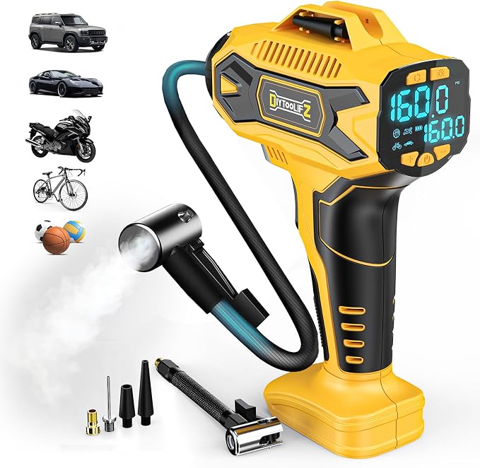 DIYtoolifz Cordless Tire Inflator Air Compressor Compatible with Dewalt 20V Battery, 160PSI Portable Air Pump with Digital Pressure Gauge, Fast Inflation for Cars, Motorcycles, Bikes (Tool Onlyl)