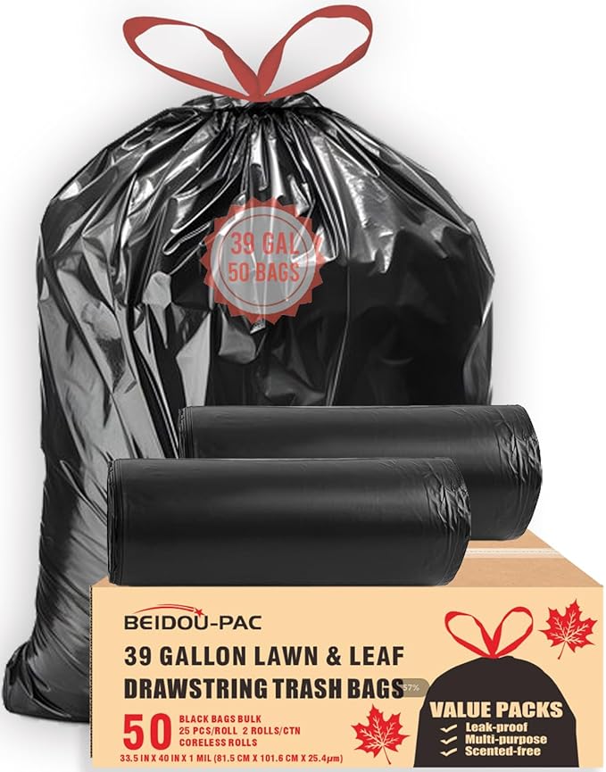 BEIDOU-PAC 39 Gallon Lawn & Leaf Trash Bags Drawstring, 50 Count, Heavy Duty Black & Unscented Plastic Bags, Multi-purpose Garbage Bags for Home Commercial, Outdoor, Construction, Industrial