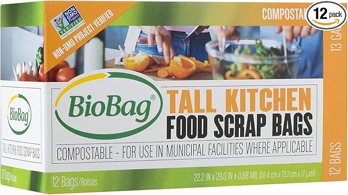 BioBag Compostable Tall 13 Gallon Food Waste Bags - 4 Count (Pack of 12)