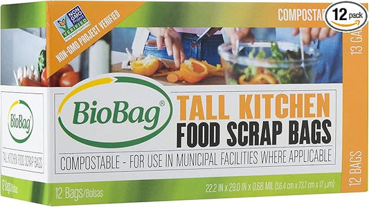 BioBag Compostable Tall 13 Gallon Food Waste Bags - 4 Count (Pack of 12)