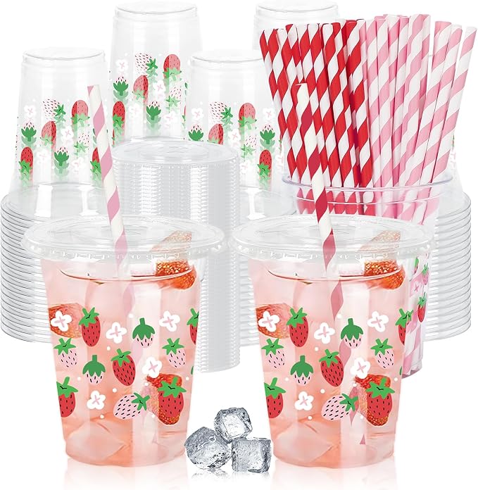FYSUIMU 50Pcs 12Oz Strawberry Floral Plastic Cups with Lids & Straws Pink Red Strawberry Flower Clear Disposable Cups for Spring Summer Party Supplies