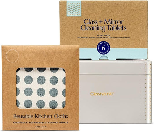 CLEANOMIC Reusable Kitchen Cloth, Glass and Mirror Cleaning Tablets & Tablet Tin Bundle