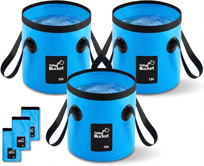 3 Gallon 3 Pack Collapsible Bucket, Foldable Water Bucket with Handles, Portable Camping Buckets for Fishing, Hiking, Cleaning, Outdoor & Travel Use (Blue)