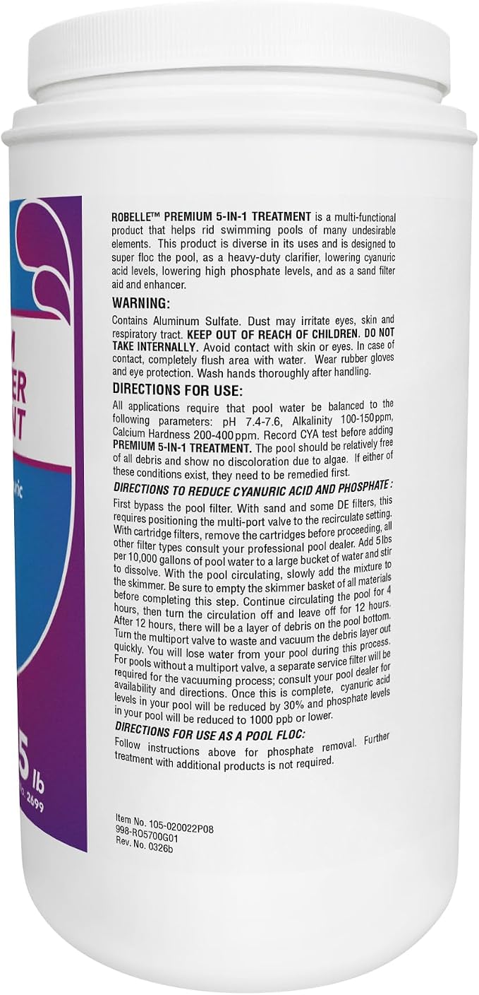 Robelle 5-Pounds Premium 5-in-1 Pool Water Treatment, Cyanuric Acid Reducer, Phosphate Remover, Made in USA