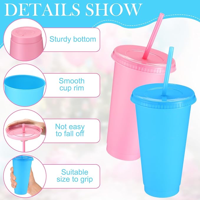 Honeydak 30 Pack Tumbler with Straw and Lid Bulk Cups for Gifts Water Bottle Iced Coffee Travel Mug Cup Reusable Plastic Tumblers for Party Birthdays 24-27 oz (Pink and Blue Color)