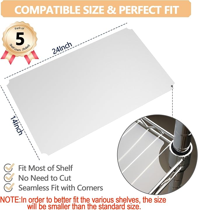 5pcs Shelf Liners of Wire Shelf System, Pre-Cut 14 x 24 inch Plastic Shelf Liners Mats for Wire Shelving (Rolled,Actual Size:13.18"X22.95")