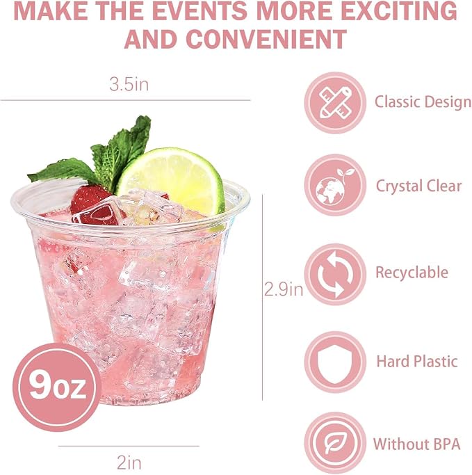 BYSNOW 100 Pack 9 oz Clear Plastic Cups, Disposable Cups for Party, Sturdy & Food Safe Plastic Wine Cups for Cocktail, Juice, Punch (9oz 100pack)