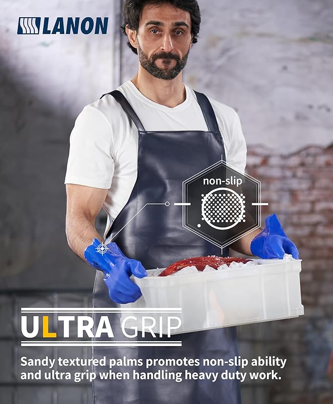 LANON 6 Pairs PVC Chemical Resistant Gloves, Heavy-Duty Rubber Gloves, Acid, Alkali and Oil Protection, Non-Slip, XL