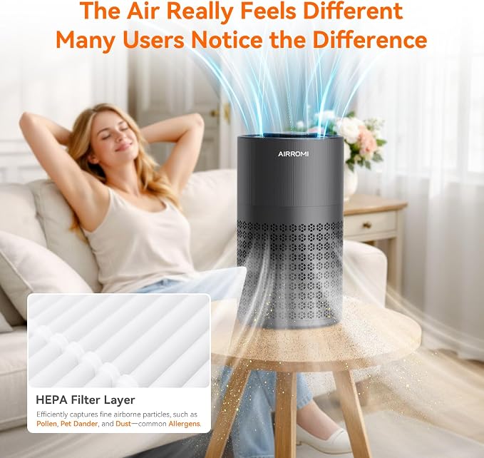 AIRROMI Air Purifier for Bedroom with HEPA 3-in-1 Filter, Pet Air Purifier for Home Cat Pee Smell, Covers Upto 990 Ft², Quiet 360°intake Air Cleaner for pet hair,allergies,Dust,Smoke A2001 Black