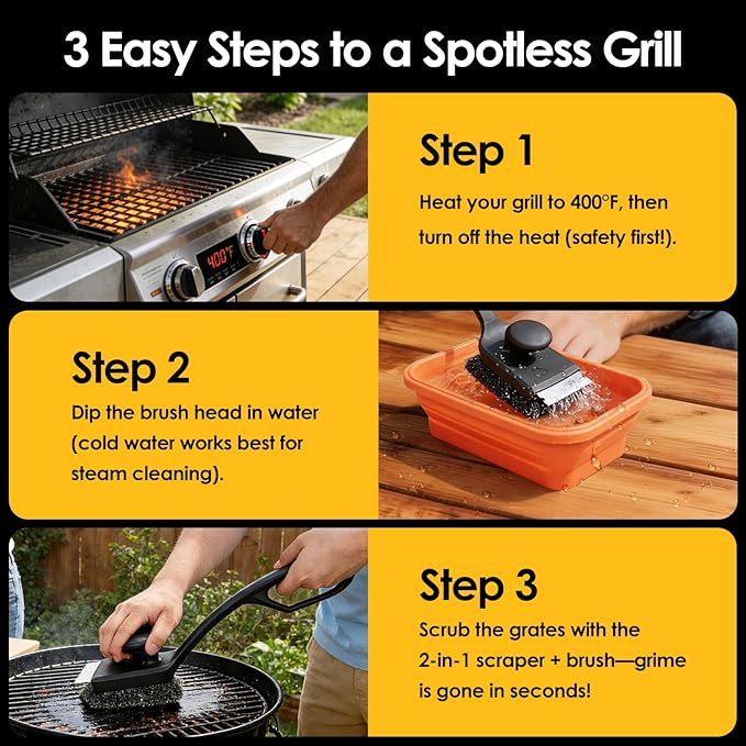 Grill Brush with 3 Detachable Brush Heads & Collapsible Water Cup – Bristle-Free BBQ Cleaner with Scraper, Safe for Cast Iron/Stainless Steel/Non-Stick Grates, 2 Extra Replacement Brushes Included
