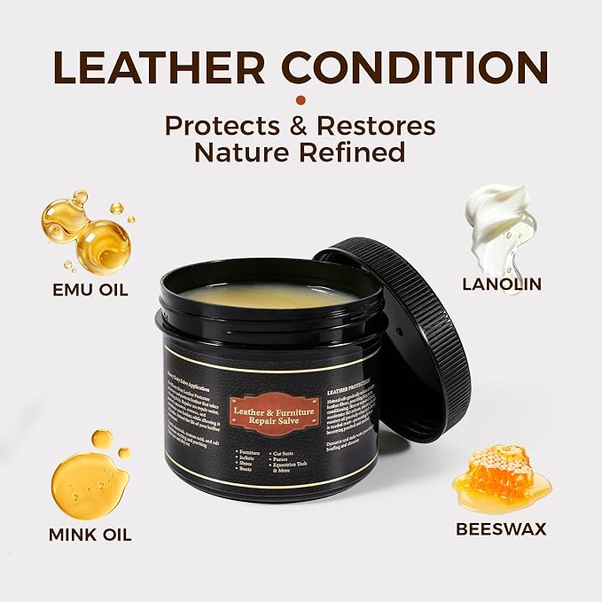 Leather Conditioner and Cleaner Balm for Furniture, Couch, Car Seats, Boots and Bags - Professional Leather Restorer with Natural Beeswax - Deeply Nourishes, Protects and Restores Shine (8oz)