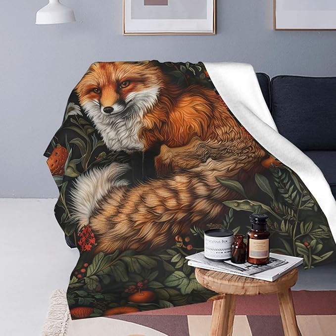 Fox Blanket Vintage Forest Fox Decor Throw Blanket Comfy Plush Flannel Fleece Warm Soft Fluffy Fuzzy Winter Blanket Fox Lover Gifts for Girls Boys Women Teens Adults for Bed Sofa Couch 50"X60"