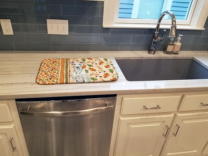 Caroline's Treasures White Greyhound Heirloom Fall Dish Drying Mat Absorbent Dish Drying Mat Pad for Kitchen Counter Dish Drainer Mat for Countertop, 14 x 21", Multicolor