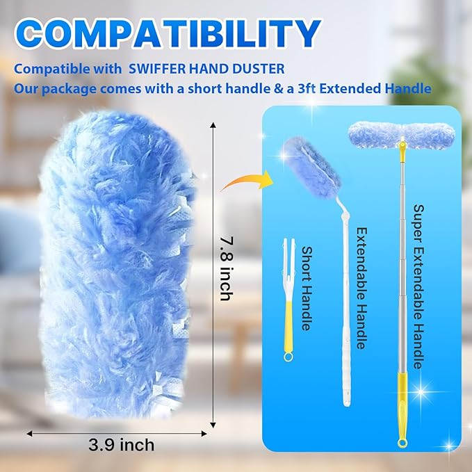 Duster Refill for Swiffer Duster, 80 Count Disposable Dusters Kit for Cleaning Dusting Furniture Blind Ceiling Fan, Multi Surface 360 Feather Duster + 3FT Extended Handle + 2 Short Handle