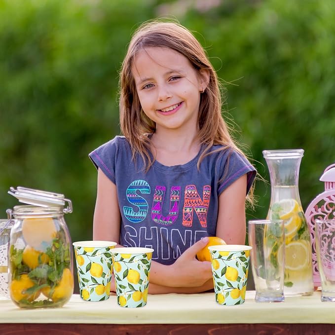 50 Sets Lemon Paper Cups with Paper Straws Plastic Lids 12OZ Yellow Lemon Green Leaves Disposable Coffee Tea Cups for Summer Holiday Fruit Party Juice Drink Beverage Bar Supplies