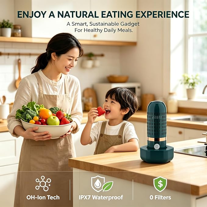 Produce Cleaner – Portable OH-ion Fruit & Vegetable Washer, Deep Cleans Produce, Meat & Seafood in 10 Minutes, No Scrubbing, IPX7 Waterproof, for Home, Travel & Outdoor